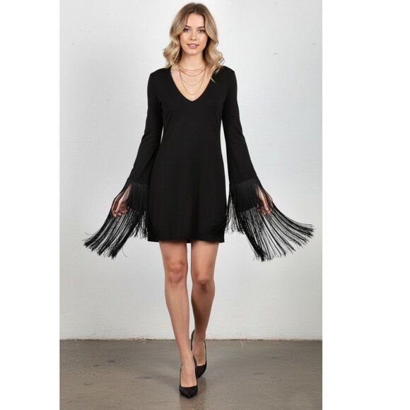 Stella McCartney Black Mini Dress with Fringe Sleeves, Womens Size 42 EU / US 10 - Picture 1 of 10